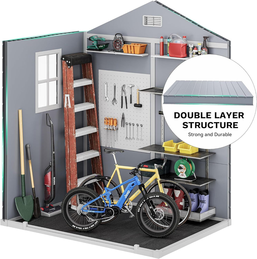 6X4.4 FT Outdoor Resin Storage Shed with Reinforced Floor, All-Weather Bike Storage Shed with Lockable Door, Window and Vent, Waterproof Plastic Tool Storage for Garden, Backyard, Patio, Lawn