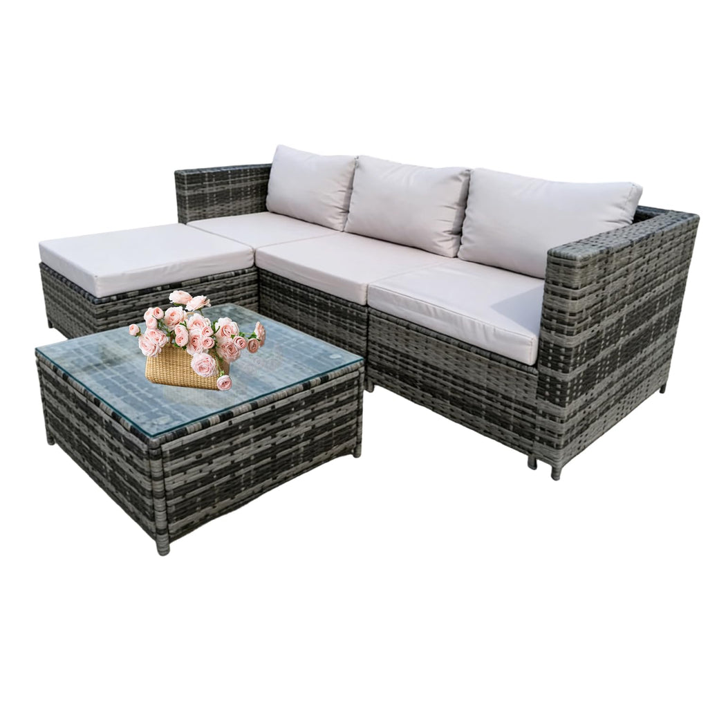 4 Seater Rattan Garden Corner Sofa Set with Ottoman & Glass Coffee Table Grey