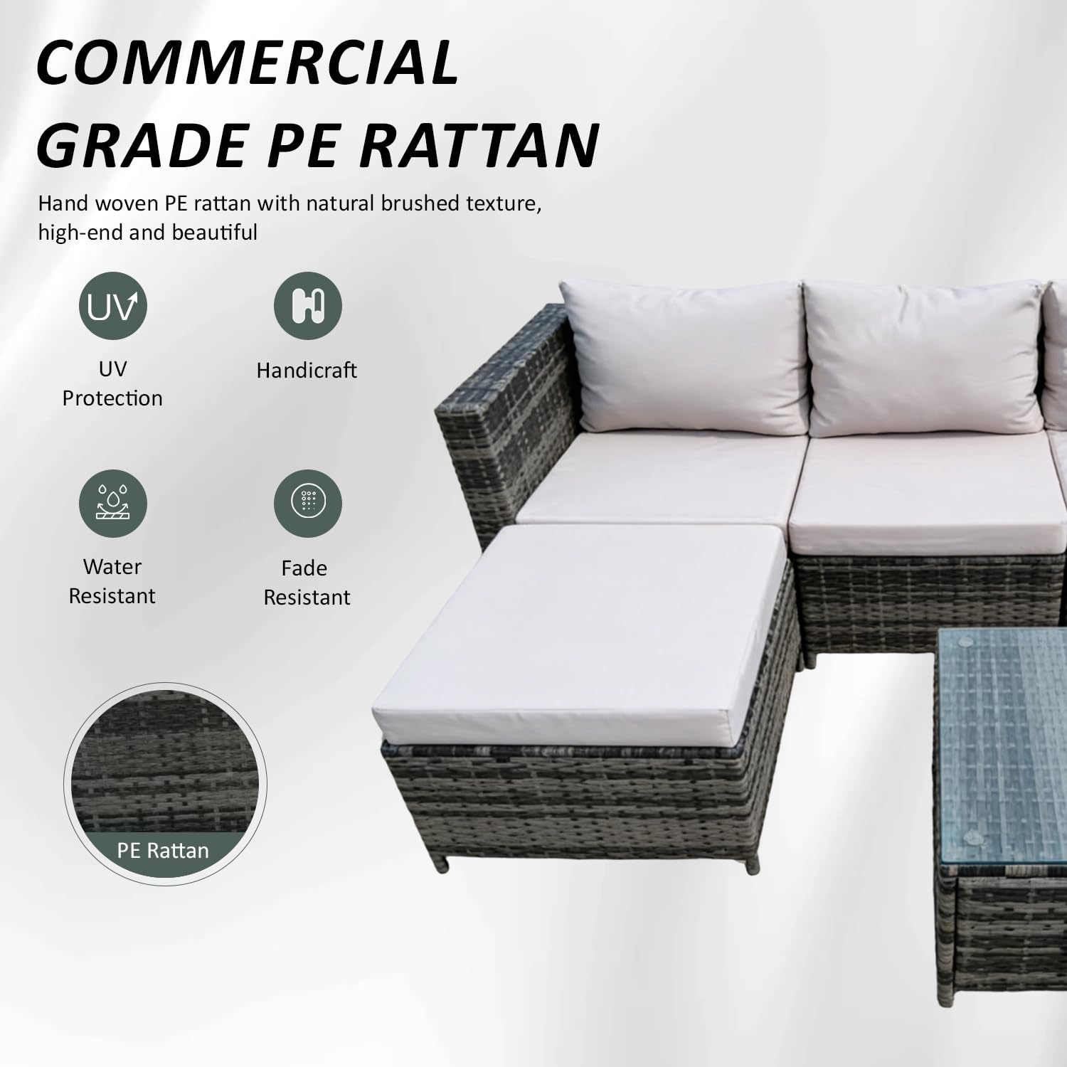 4 Seater Rattan Garden Corner Sofa Set with Ottoman & Glass Coffee Table Grey