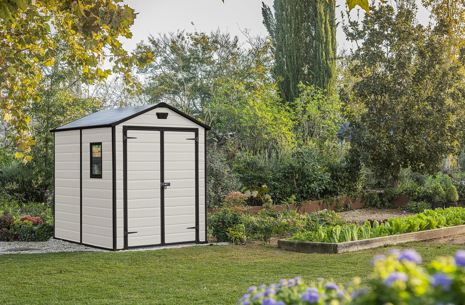 6 × 8 Ft Outdoor Apex Double Door Garden Storage Shed – Beige/Brown Wood Effect