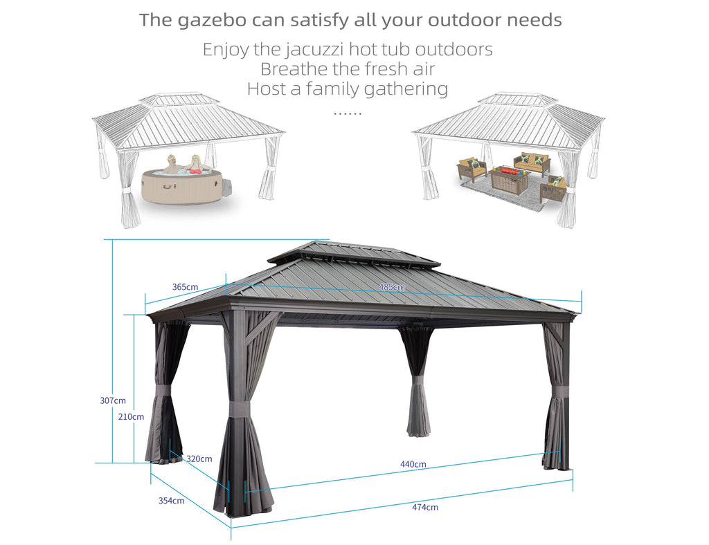 PURPLE LEAF Heavy Duty Garden Gazebo 3.65 x 4.85 m with Galvanised Steel Double Roof, Waterproof Metal Hardtop Gazebo with Side Curtain and Zipped Netting for All Weathers, Outdoor and Patio, Grey