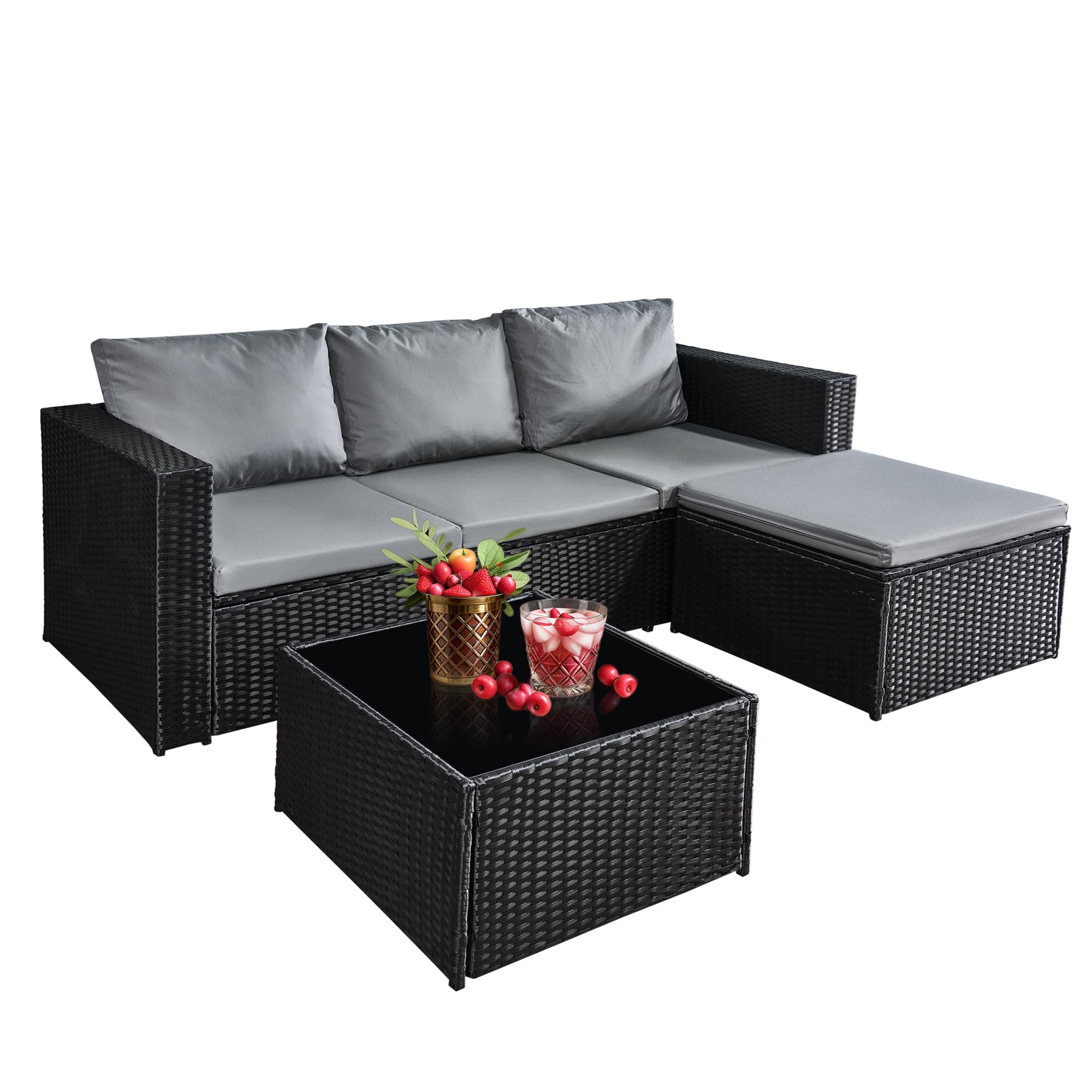 3 Piece Rattan Garden Furniture Set with Cushioned Sofa, Footstool & Glass Table Grey