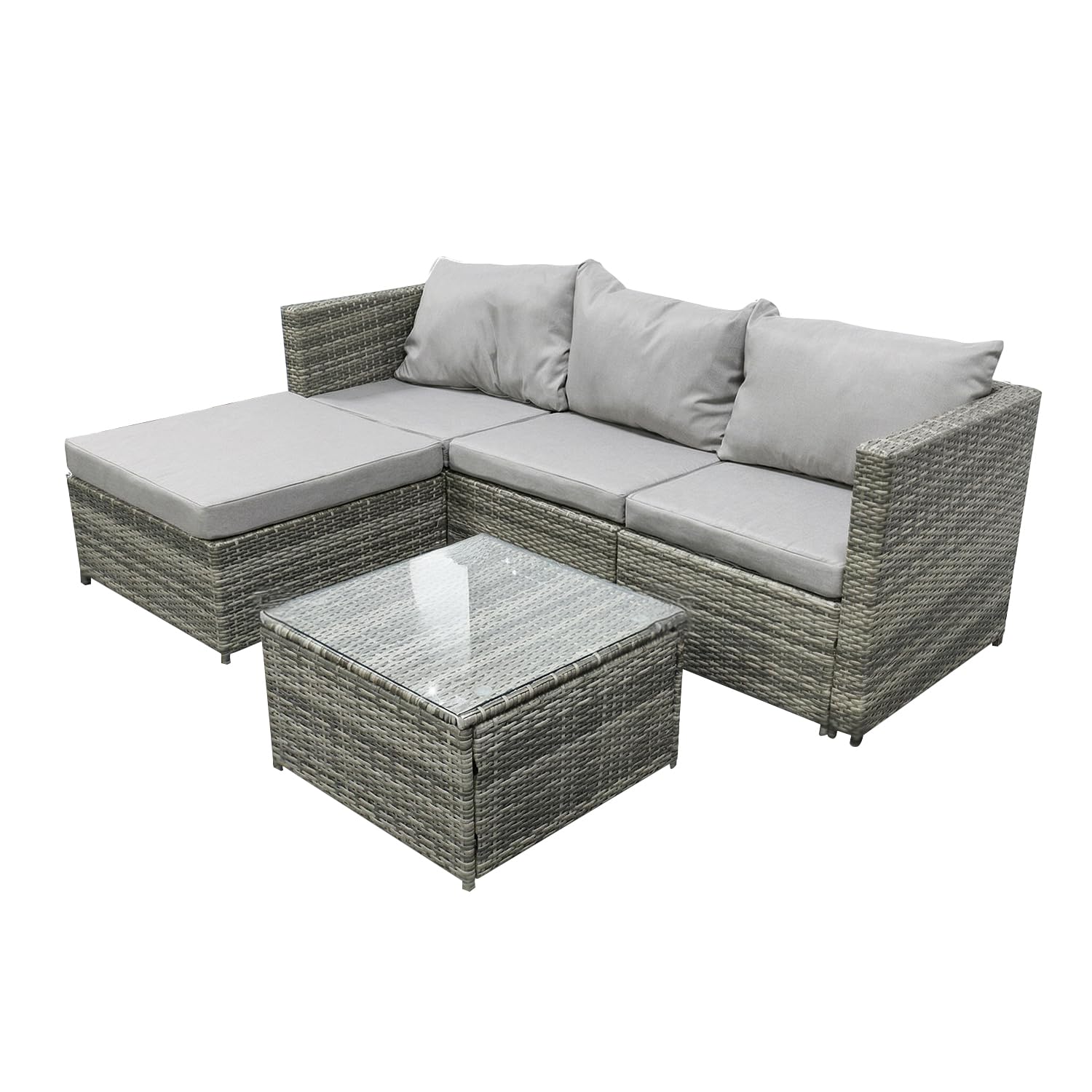 4 Seater Rattan Garden Corner Sofa Set with Glass Coffee Table & Cushions Grey