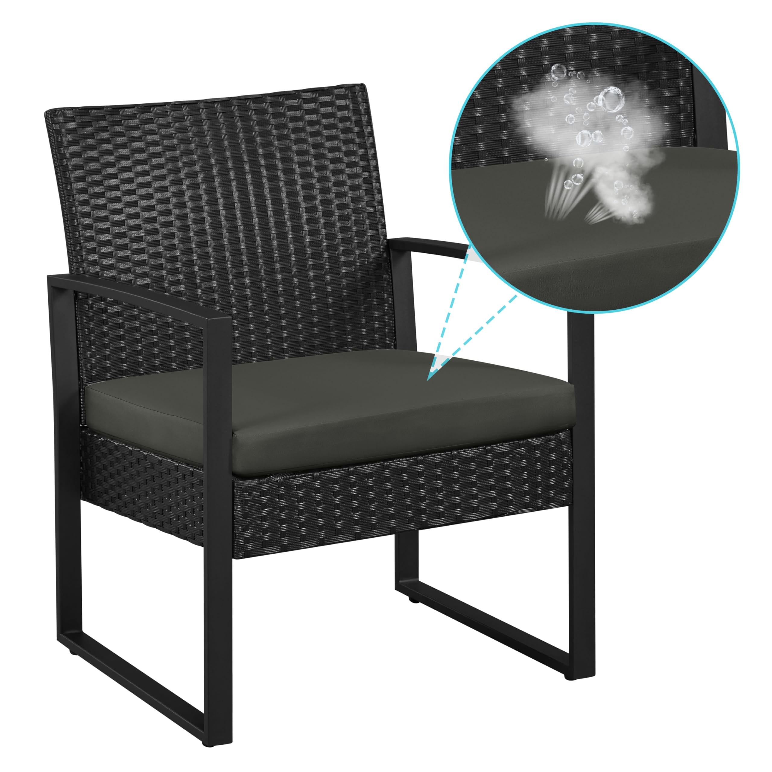 3 Piece Rattan Garden Bistro Set with Cushioned Chairs & Glass Table Black Grey