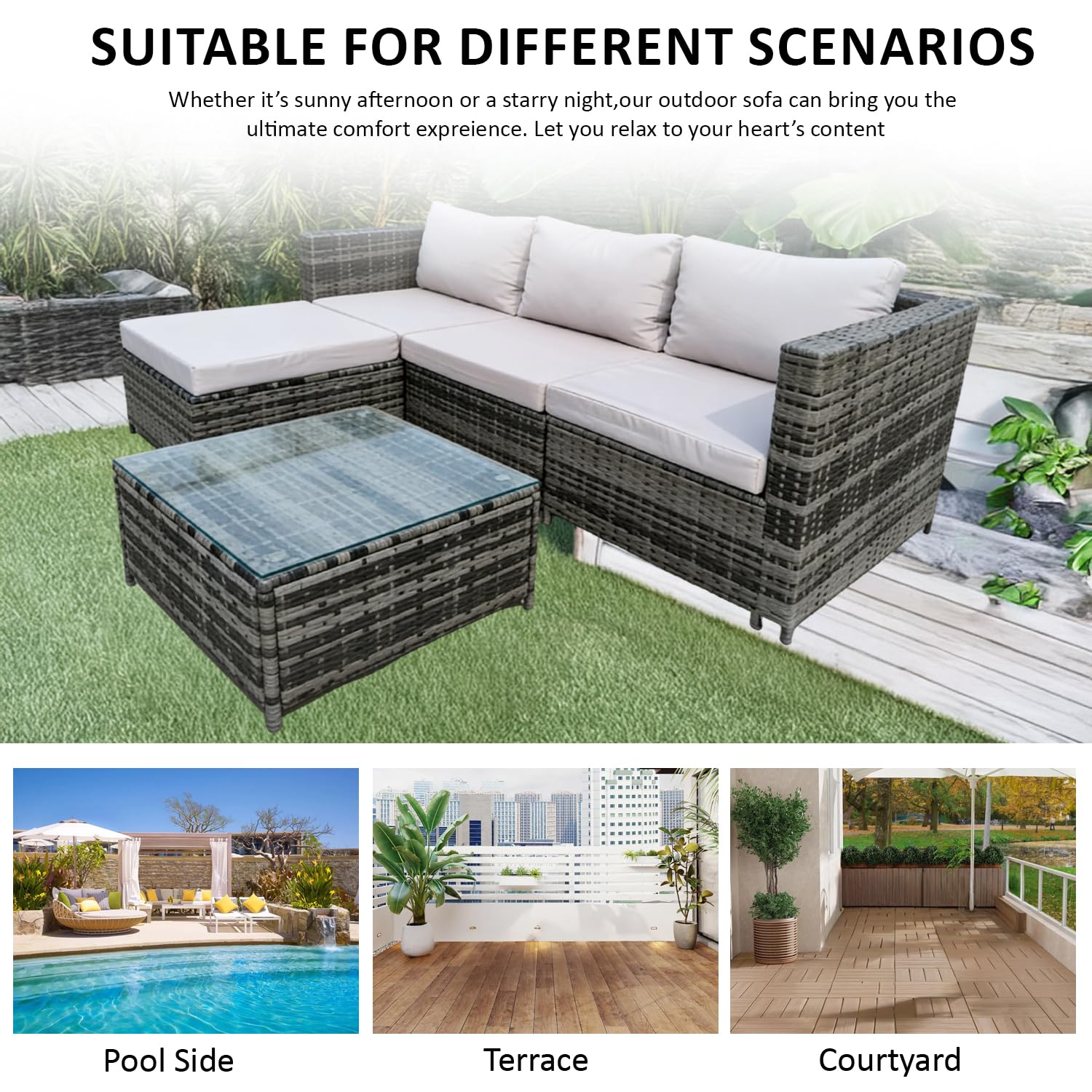 4 Seater Rattan Garden Corner Sofa Set with Ottoman & Glass Coffee Table Grey