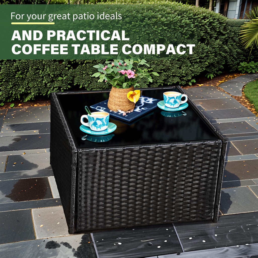 3 Piece Rattan Garden Furniture Set with Cushioned Sofa, Footstool & Glass Table Grey