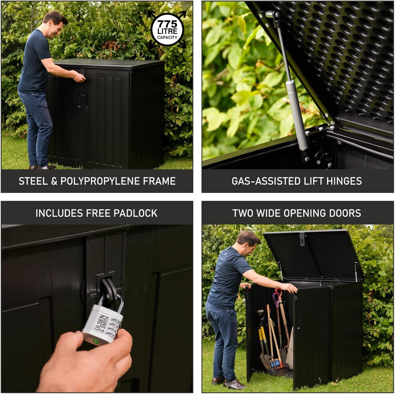 775L Waterproof Outdoor Garden Storage Box with Lid & Doors, Lockable Bin & Bike Shed