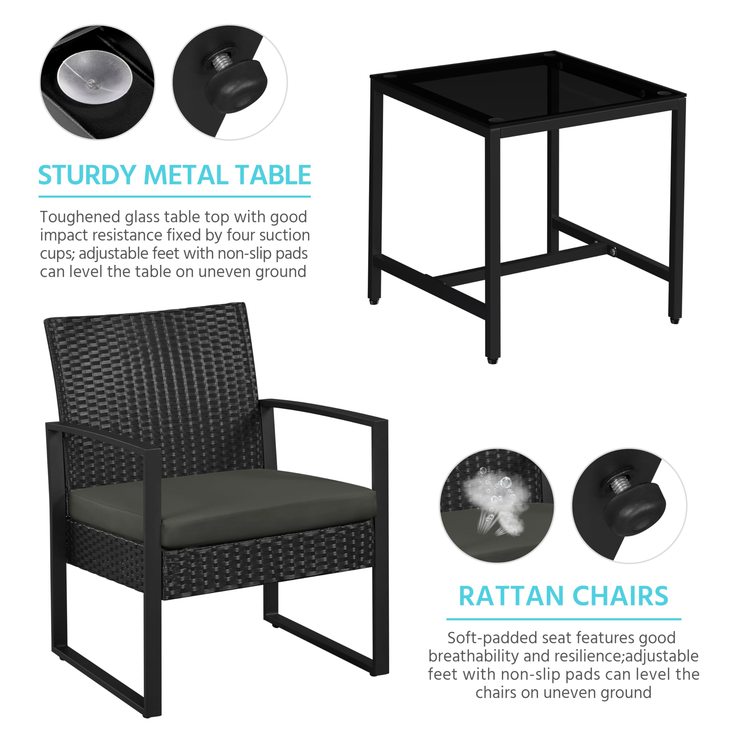 3 Piece Rattan Garden Bistro Set with Cushioned Chairs & Glass Table Black Grey
