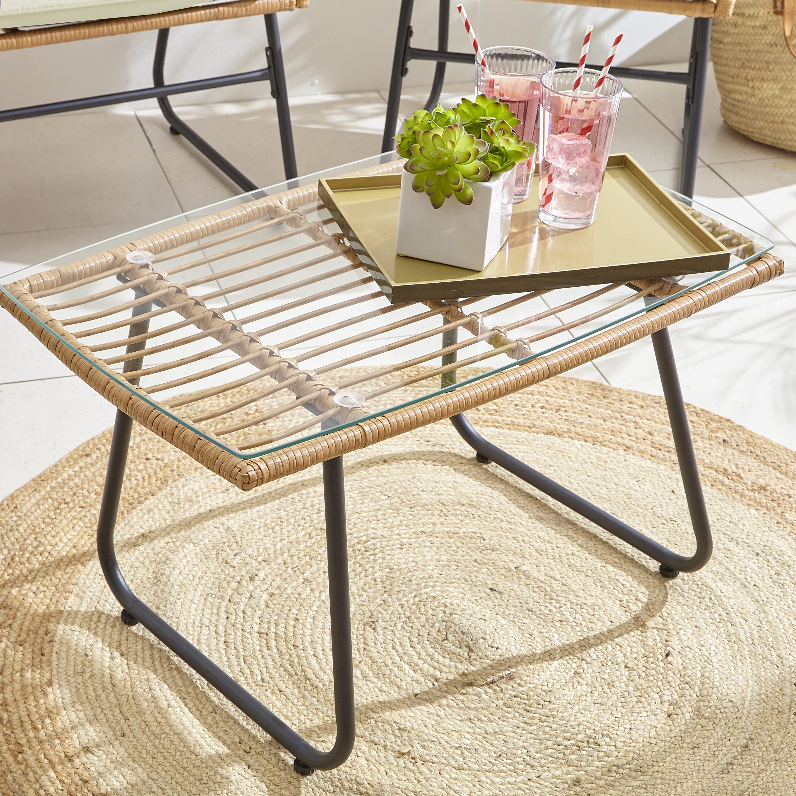 4 Piece Rattan Garden Furniture Set with Sofa, Chairs & Glass Coffee Table Natural