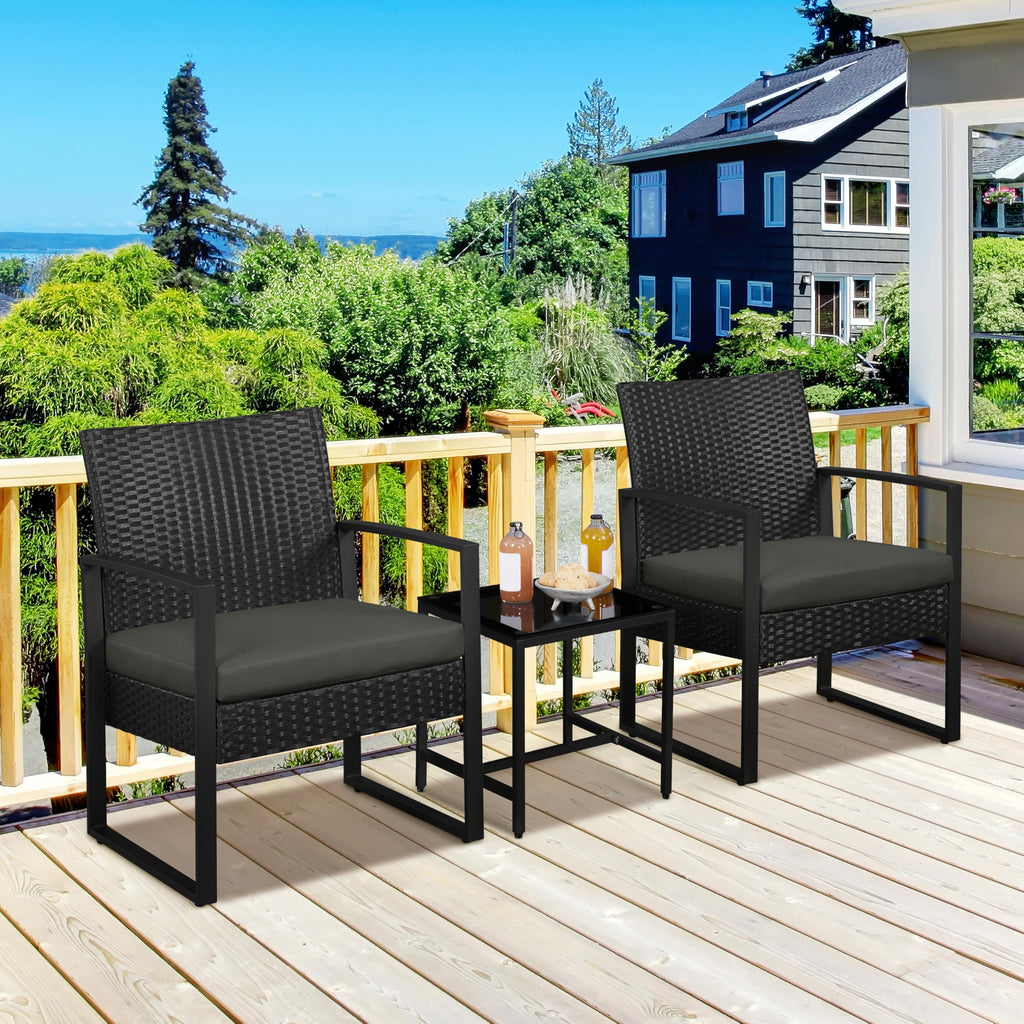 3 Piece Rattan Garden Bistro Set with Cushioned Chairs & Glass Table Black Grey