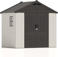 8' X 6' Plastic Outdoor Storage Shed with Floor, Resin Shed with Window and Lockable Door for Garden, Backyard, Tool Storage Use, Easy to Install in Gray and White (Kick-It Shed)